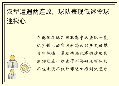 汉堡遭遇两连败，球队表现低迷令球迷揪心
