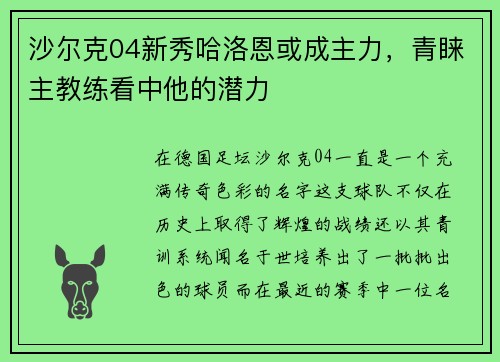 沙尔克04新秀哈洛恩或成主力，青睐主教练看中他的潜力